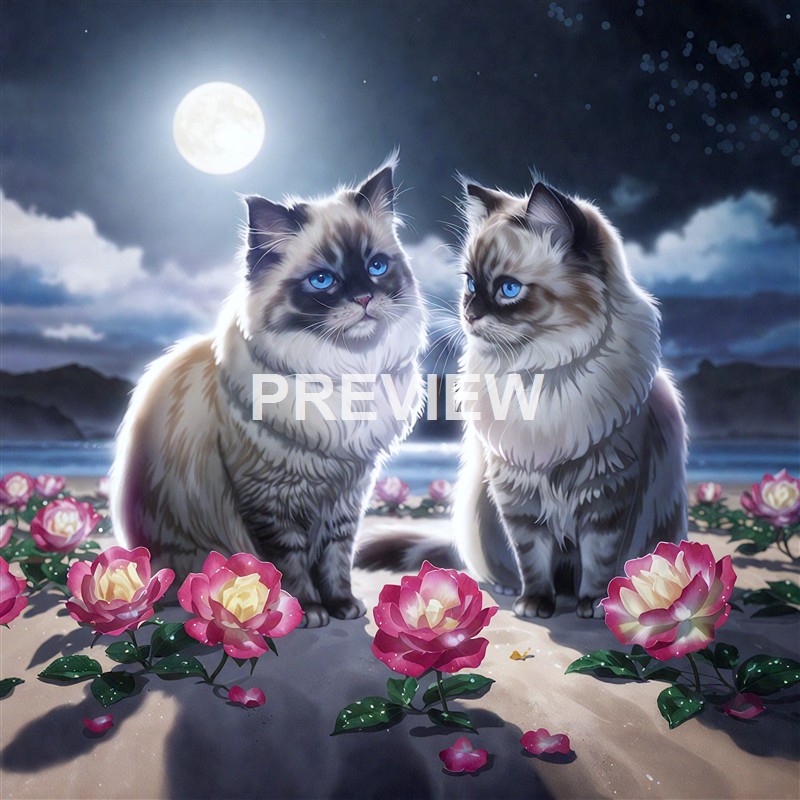 Two fluffy cats with striking blue eyes sit on a sandy beach under a full moon, surrounded by pink and white flowers with a dark, cloudy sky and mountains in the background.